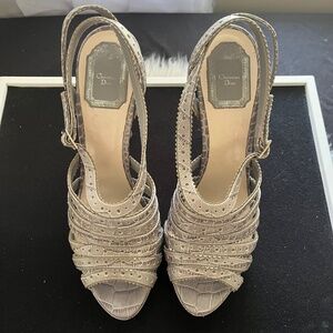 Christian Dior Leather Animal Print Slingback Sandals.  Gray Size 39.5